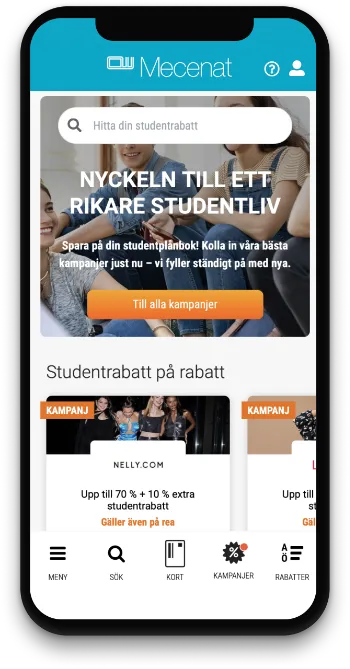 The Mecenat app start page on a phone, with a search field for student discounts and current campaigns