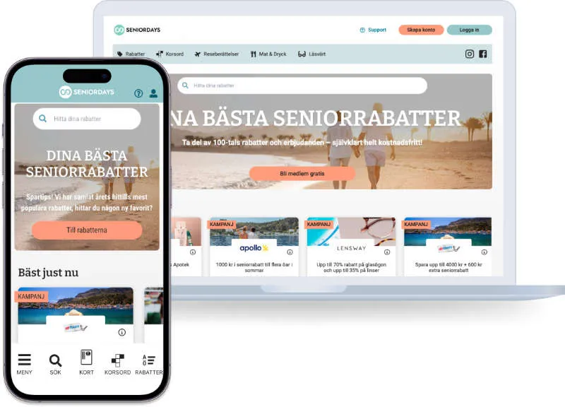 The Seniordays website on a laptop and a phone with the campaign Your best senior discounts and current offers