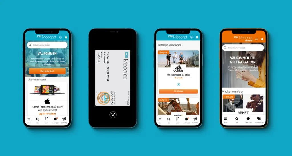 Mecenat-appen i fyra mobiler: startsida, digitalt medlemskort, kampanjer och Mecenat Alumni