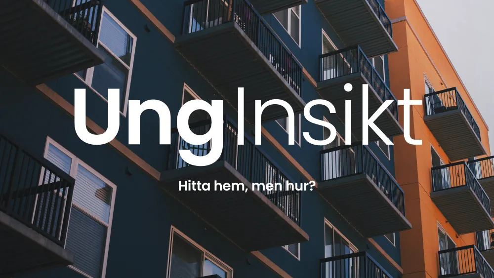 Omslag till UngInsikt: Hitta hem, men hur? Bostadshus med balkonger i blått och orange.