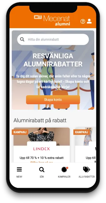 The Mecenat Alumni app on a phone with an alumni discount search, the campaign Travel-friendly alumni discounts and current offers