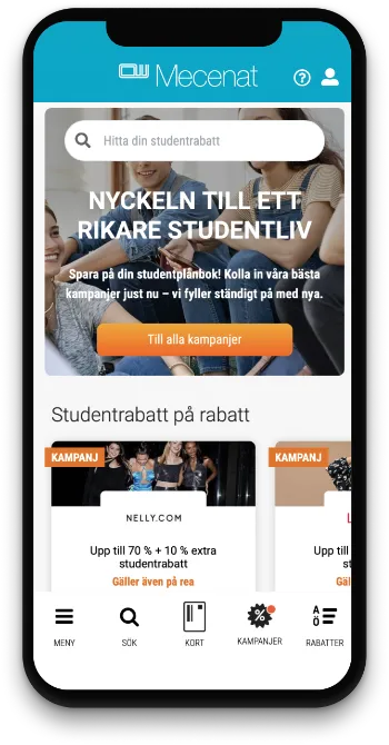 The Mecenat app on a phone with a student discount search, the campaign The key to a richer student life and current offers